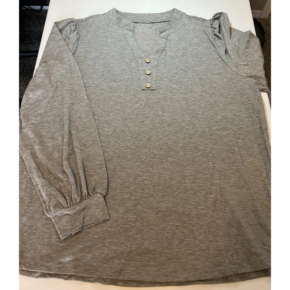 Tfsdod V-Neck Shirt Women XL Gray New Long Sleeve Puff Shoulder Button Detail